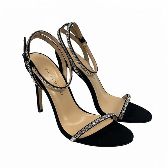 Ventutto Black Classic Crystal Embellished StrappyHigh Heel Sandal
